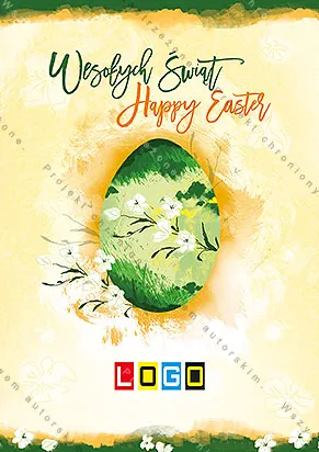 Zielona owalna pisanka w białe kwiatki z żółtą poświatą, nad nią Wesołych Świąt oraz Happy Easter