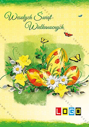 Trzy duże pomarańczowe i żółte pisanki z tulipanami, kwiaty i gałązki bazi na zielonej plamie i żółtym tle