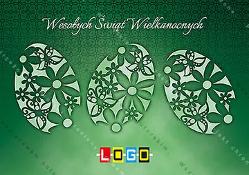 Głęboko zielone tło, trzy jasnozielone jaja z ażurowym motywem kwiatów i napis wielkanocny