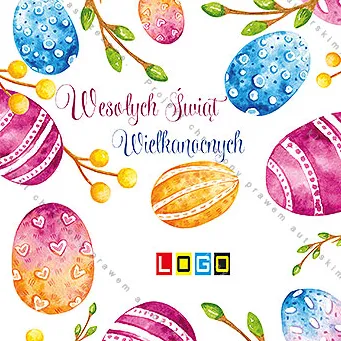 Barwne jaja z akwareli wokół białego środka z cienkimi gałązkami, w centrum dwuwersowe życzenia w bordo i błękicie