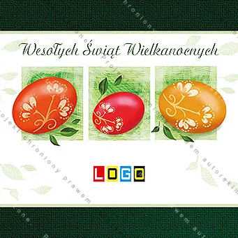 Czerwone, karminowe i pomarańczowe jajka w zielonych kwadratach, biel z ciemnymi pasami, zielony napis