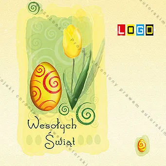 Kwiat żółty, jajko pomarańczowe, czerwone spirale, zielona plama akwareli, kremowa podstawa