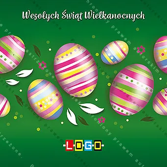 Szereg dużych różowych jajek w paski i groszki z dwoma małymi, białe liście, biały napis życzeń