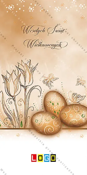 Beżowo-brązowa sepia, rysowane kwiaty, motyl i trzy jajka z ornamentem, brązowe życzenia