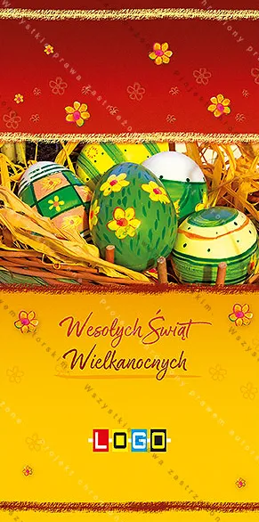 Bordowy pas, żółte pole ze złotymi prążkami i zdjęcie słomy z zielonymi, malowanymi jajami, czerwone życzenia