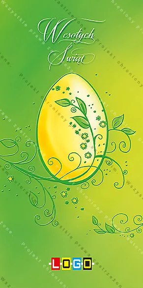 Żółte jajo oplecione zielonymi pędami z listkami i kwiatkami na gradiencie zieleni i limonki, biały napis