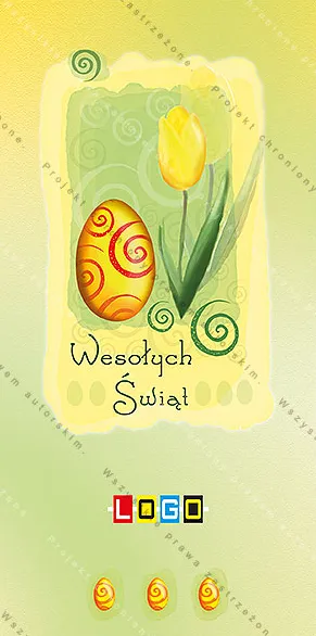 Żółty tulipan obok pomarańczowego jaja z liniami spiral, w nieregularnej ramce na zielonym polu