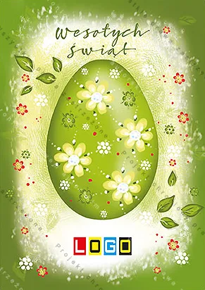 Pisanka koloru limonki obsypana białym kwieciem na rozmytym zielonym tle, pojedyncze liście, u góry jasny napis