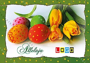 Biały oderwany skrawek na zielonym tle, na nim jajka i żółte tulipany, na dole zielone kaligraficzne Alleluja