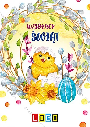 Okrągły wieniec z szarych bazi, kurczątko w skorupce, żonkile, niebieska pisanka i kolorowe kropki konfetti