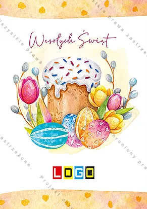 Babka wielkanocna z lukrem na białym tle, dookoła tulipany, bazie i pisanki, pomarańczowe plamy akwareli