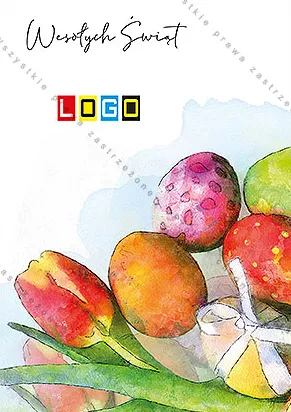 Pisanki w ciepłych kolorach obok tulipanów w czerwieni, wstążka z kokardą, miękka akwarela, w rogu szary napis
