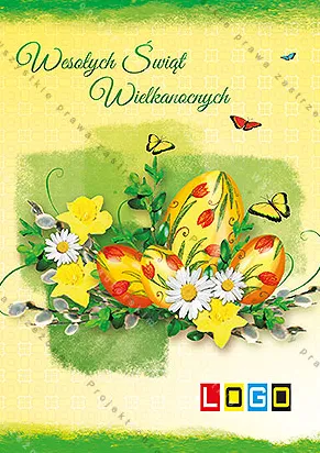Malowany pęk wiosennych kwiatów z jajkami, nad nim skrzydlate owady, całość w ciepłym świetle, wyżej zielone życzenia