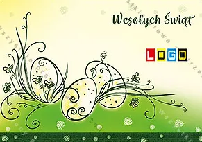Czarne kontury pisanek z zakręconymi pędami na żółto-zielonym tle, w prawym górnym rogu szary napis życzeń