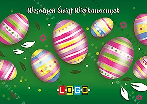 Kilkanaście pasiastych jaj wśród białych liści na zielonym tle, u góry biały pochyły napis życzeń